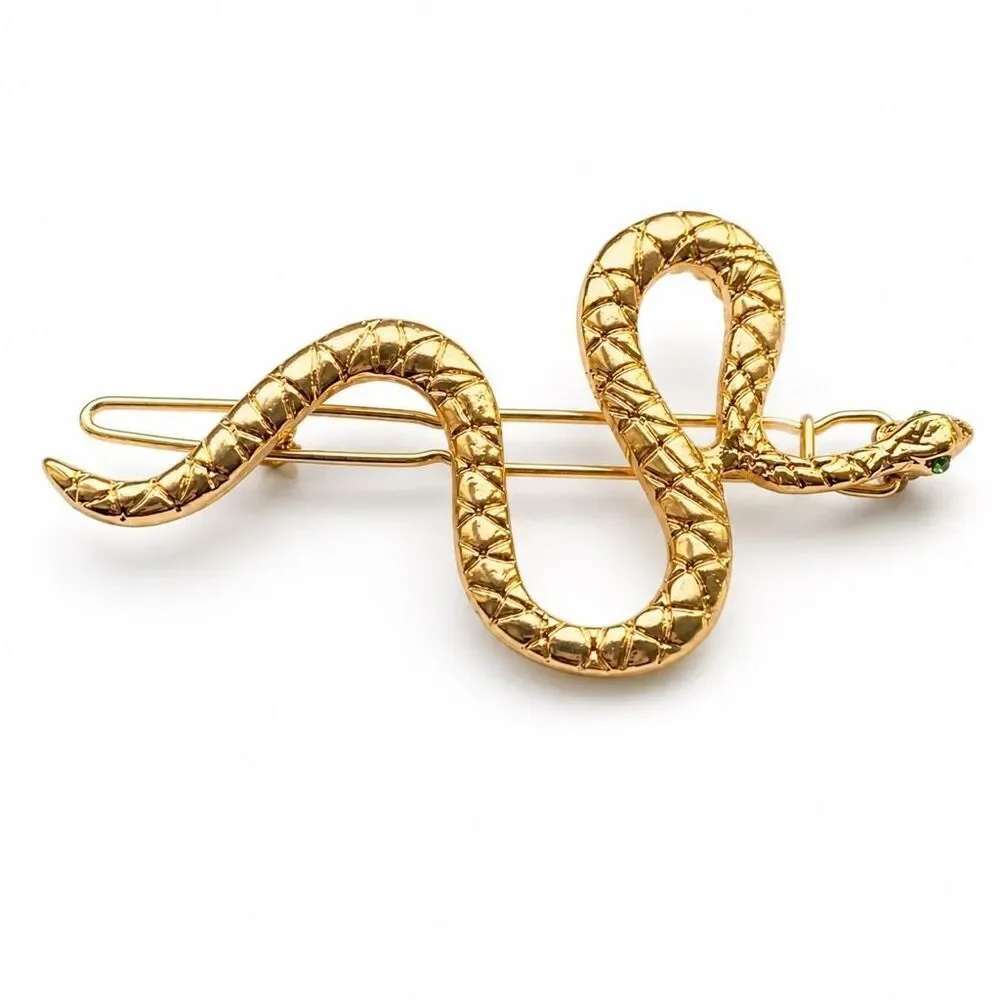 Serpent Barrette with Green Crystal Eyes - Gold Tone Snake Hair Clip